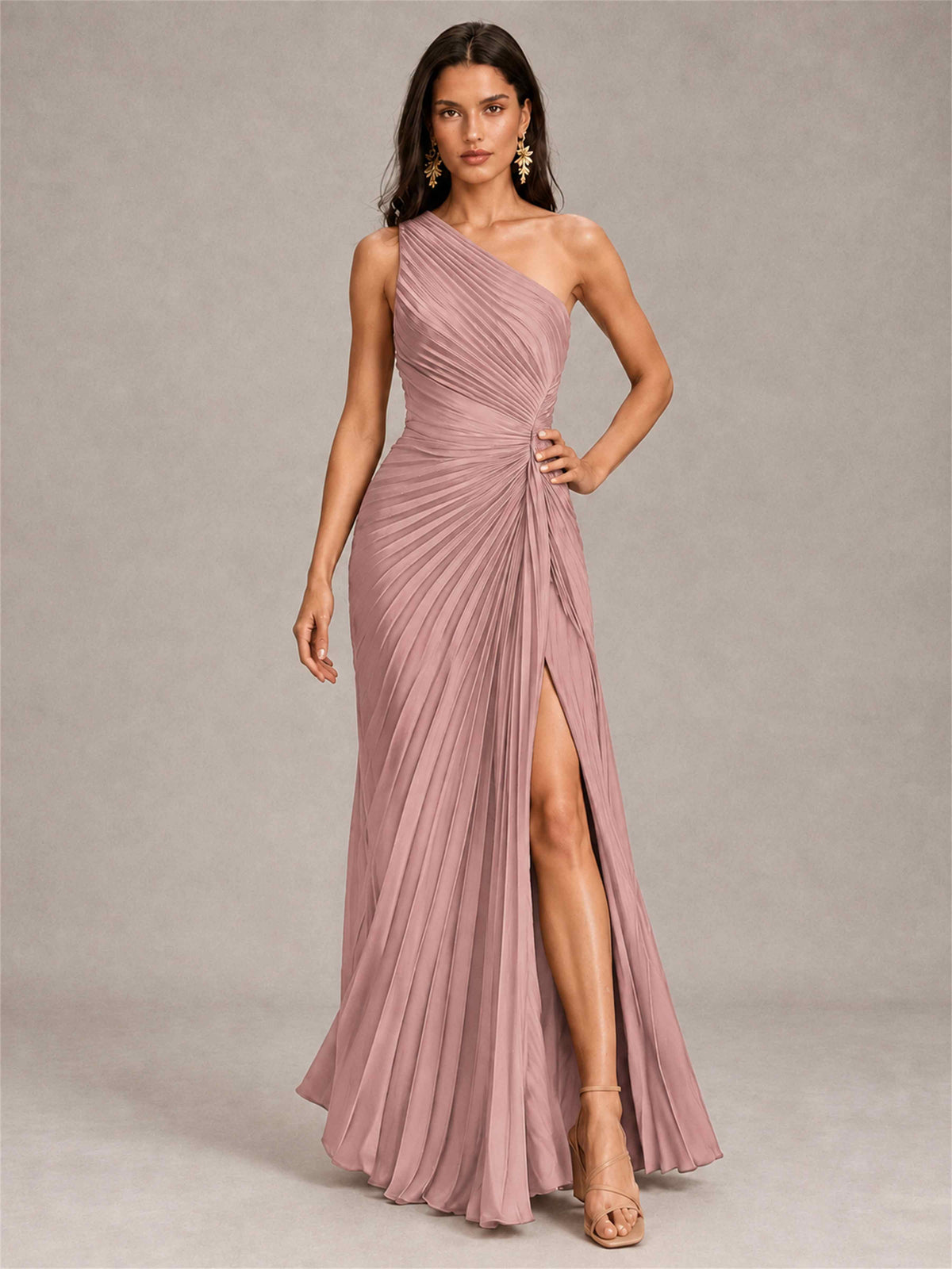 One Shoulder Ruched Chiffon Mermaid Pleated Wedding Guest Dress with Split Side