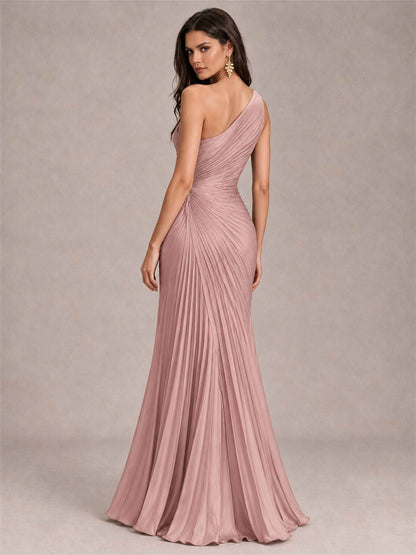 One Shoulder Ruched Chiffon Mermaid Pleated Wedding Guest Dress with Split Side