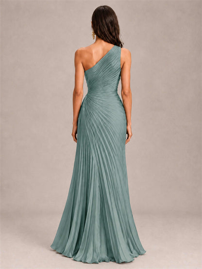 One Shoulder Ruched Chiffon Mermaid Pleated Wedding Guest Dress with Split Side