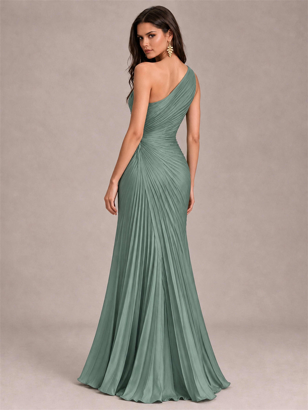 One Shoulder Ruched Chiffon Mermaid Pleated Wedding Guest Dress with Split Side