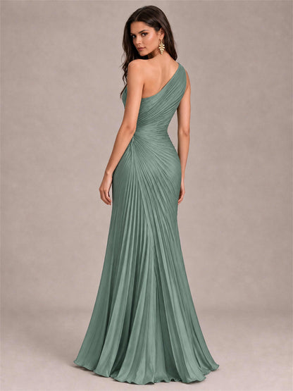 One Shoulder Ruched Chiffon Mermaid Pleated Wedding Guest Dress with Split Side