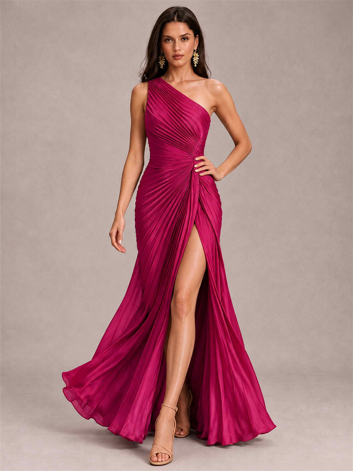 One Shoulder Ruched Chiffon Mermaid Pleated Wedding Guest Dress with Split Side