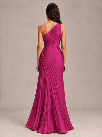 One Shoulder Ruched Chiffon Mermaid Pleated Wedding Guest Dress with Split Side
