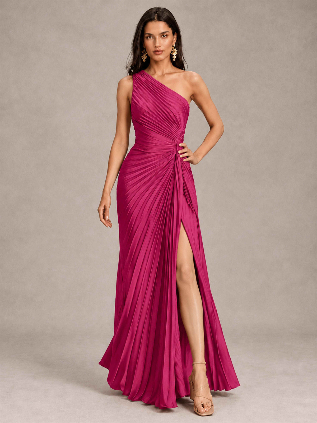 One Shoulder Ruched Chiffon Mermaid Pleated Wedding Guest Dress with Split Side