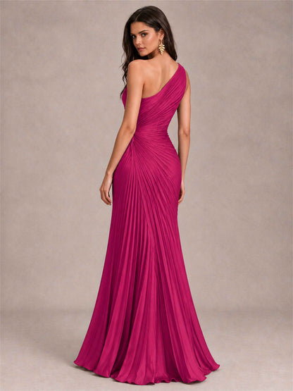 One Shoulder Ruched Chiffon Mermaid Pleated Wedding Guest Dress with Split Side