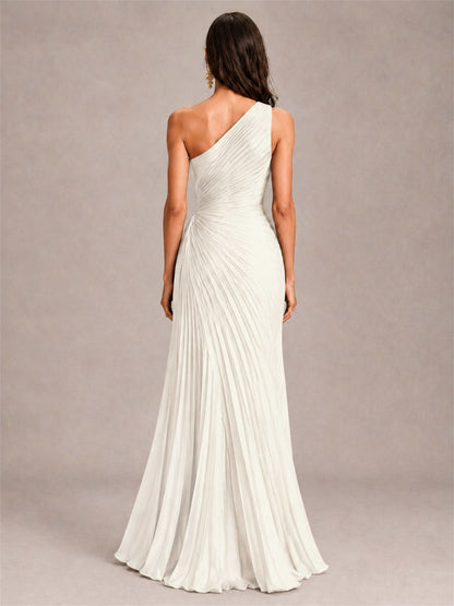 One Shoulder Ruched Chiffon Mermaid Pleated Wedding Guest Dress with Split Side