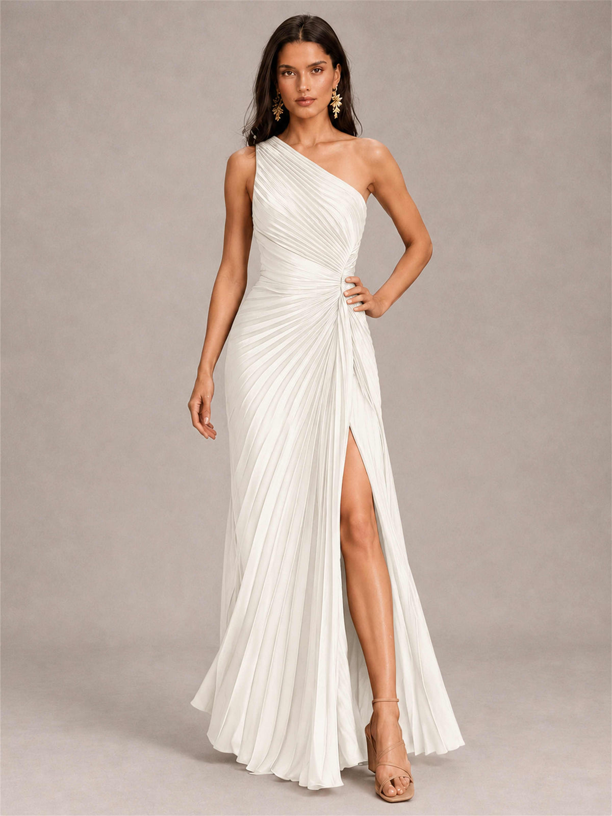 One Shoulder Ruched Chiffon Mermaid Pleated Wedding Guest Dress with Split Side