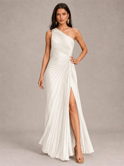 One Shoulder Ruched Chiffon Mermaid Pleated Wedding Guest Dress with Split Side