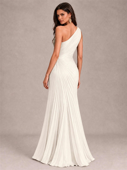 One Shoulder Ruched Chiffon Mermaid Pleated Wedding Guest Dress with Split Side