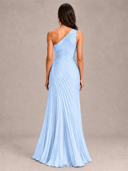 One Shoulder Ruched Chiffon Mermaid Pleated Wedding Guest Dress with Split Side