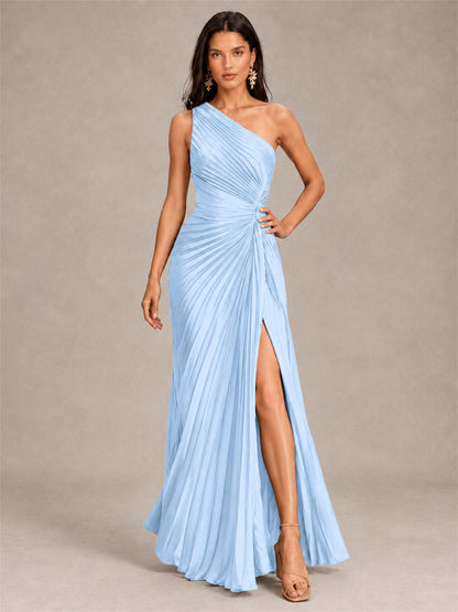 One Shoulder Ruched Chiffon Mermaid Pleated Wedding Guest Dress with Split Side