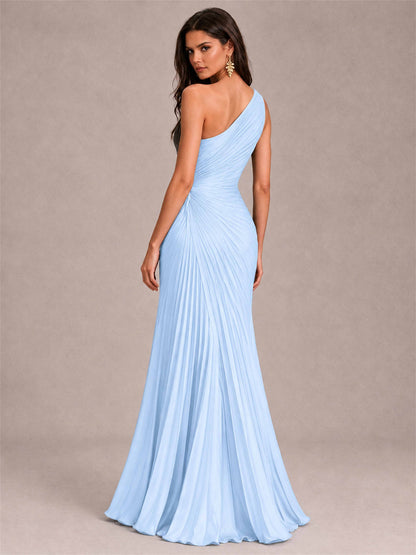 One Shoulder Ruched Chiffon Mermaid Pleated Wedding Guest Dress with Split Side