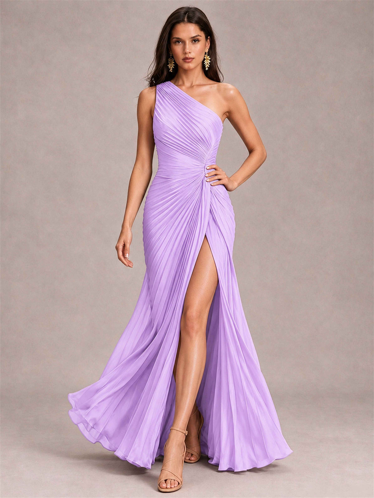 One Shoulder Ruched Chiffon Mermaid Pleated Wedding Guest Dress with Split Side