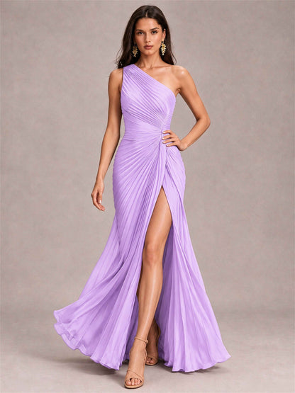 One Shoulder Ruched Chiffon Mermaid Pleated Wedding Guest Dress with Split Side