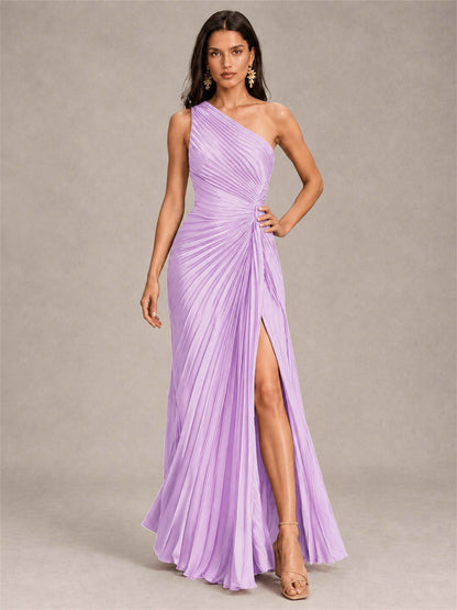 One Shoulder Ruched Chiffon Mermaid Pleated Wedding Guest Dress with Split Side