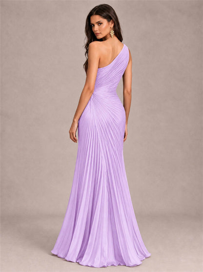 One Shoulder Ruched Chiffon Mermaid Pleated Wedding Guest Dress with Split Side
