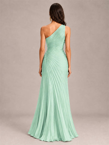 One Shoulder Ruched Chiffon Mermaid Pleated Wedding Guest Dress with Split Side
