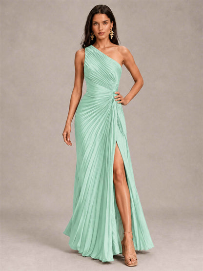 One Shoulder Ruched Chiffon Mermaid Pleated Wedding Guest Dress with Split Side
