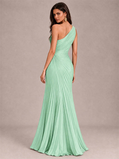 One Shoulder Ruched Chiffon Mermaid Pleated Wedding Guest Dress with Split Side