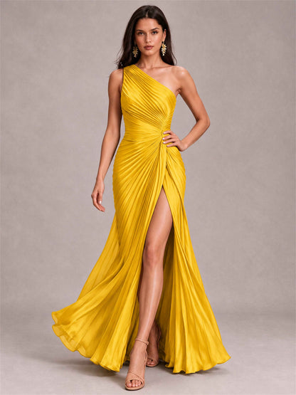 One Shoulder Ruched Chiffon Mermaid Pleated Wedding Guest Dress with Split Side