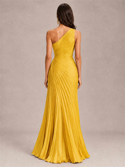 One Shoulder Ruched Chiffon Mermaid Pleated Wedding Guest Dress with Split Side