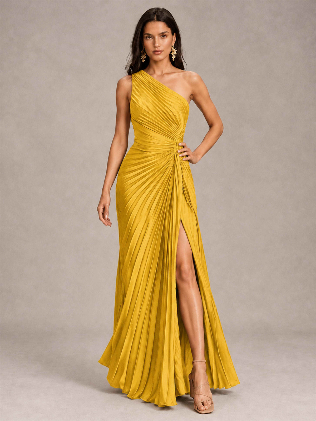One Shoulder Ruched Chiffon Mermaid Pleated Wedding Guest Dress with Split Side