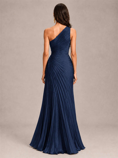 One Shoulder Ruched Chiffon Mermaid Pleated Wedding Guest Dress with Split Side
