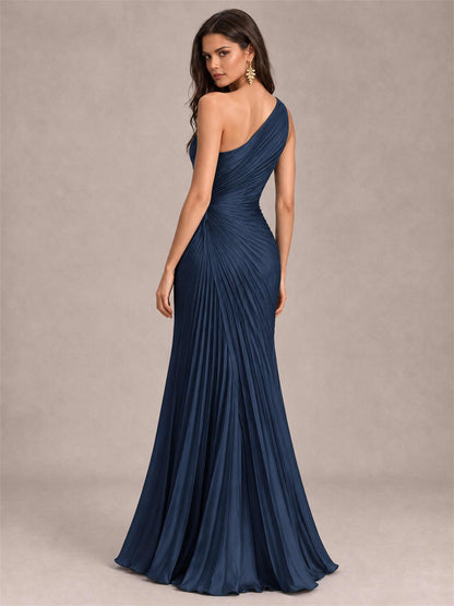 One Shoulder Ruched Chiffon Mermaid Pleated Wedding Guest Dress with Split Side