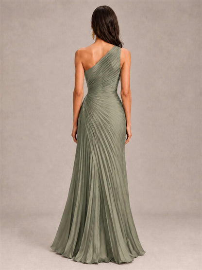 One Shoulder Ruched Chiffon Mermaid Pleated Wedding Guest Dress with Split Side