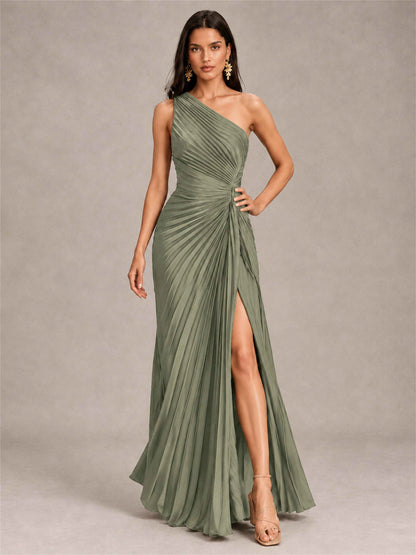 One Shoulder Ruched Chiffon Mermaid Pleated Wedding Guest Dress with Split Side