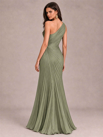 One Shoulder Ruched Chiffon Mermaid Pleated Wedding Guest Dress with Split Side