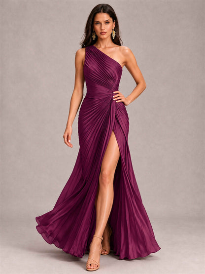 One Shoulder Ruched Chiffon Mermaid Pleated Wedding Guest Dress with Split Side