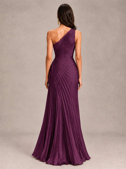 One Shoulder Ruched Chiffon Mermaid Pleated Wedding Guest Dress with Split Side
