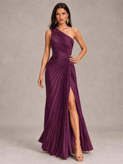 One Shoulder Ruched Chiffon Mermaid Pleated Wedding Guest Dress with Split Side