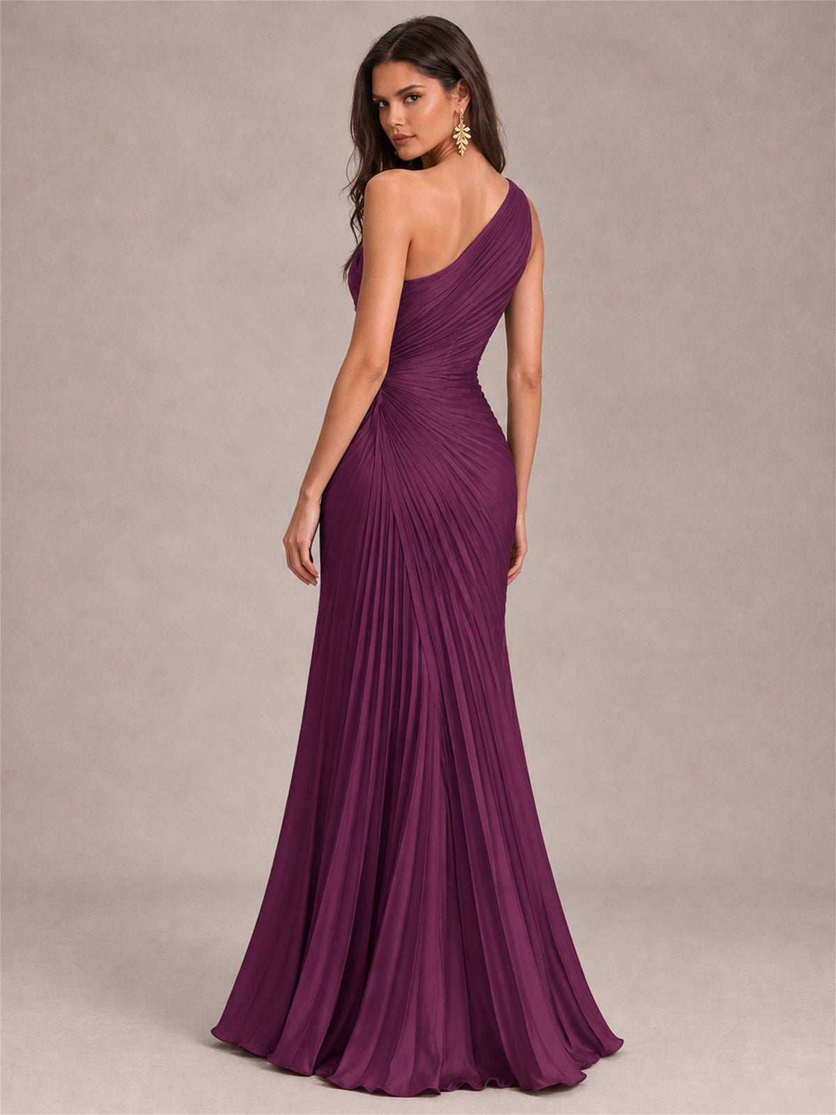 One Shoulder Ruched Chiffon Mermaid Pleated Wedding Guest Dress with Split Side