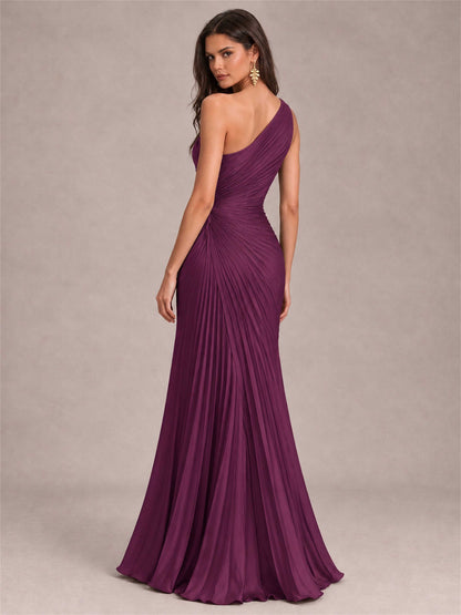 One Shoulder Ruched Chiffon Mermaid Pleated Wedding Guest Dress with Split Side