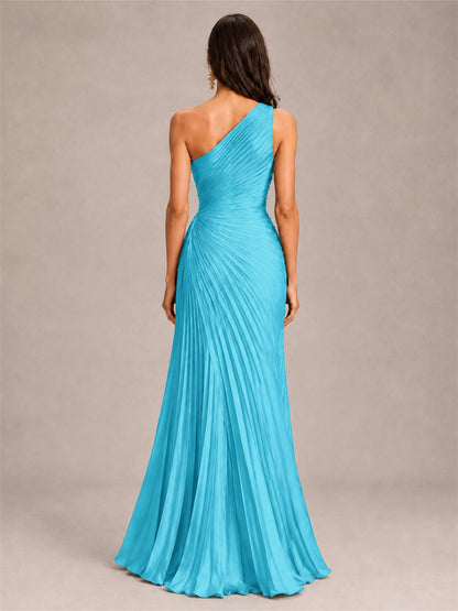 One Shoulder Ruched Chiffon Mermaid Pleated Wedding Guest Dress with Split Side