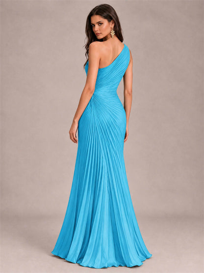 One Shoulder Ruched Chiffon Mermaid Pleated Wedding Guest Dress with Split Side