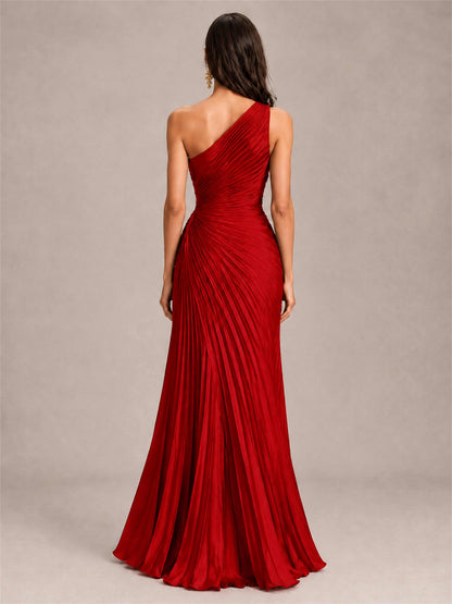 One Shoulder Ruched Chiffon Mermaid Pleated Wedding Guest Dress with Split Side