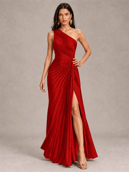 One Shoulder Ruched Chiffon Mermaid Pleated Wedding Guest Dress with Split Side