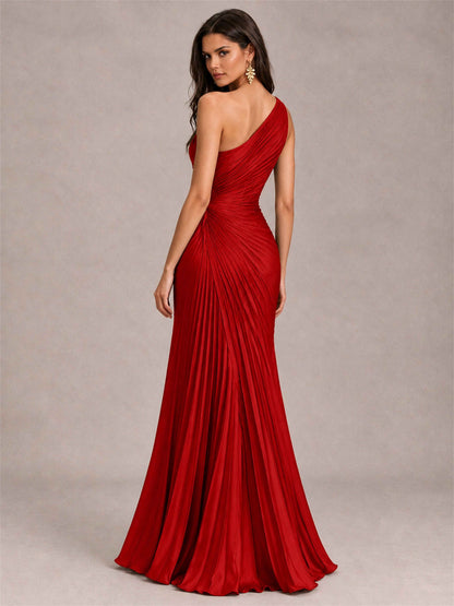 One Shoulder Ruched Chiffon Mermaid Pleated Wedding Guest Dress with Split Side