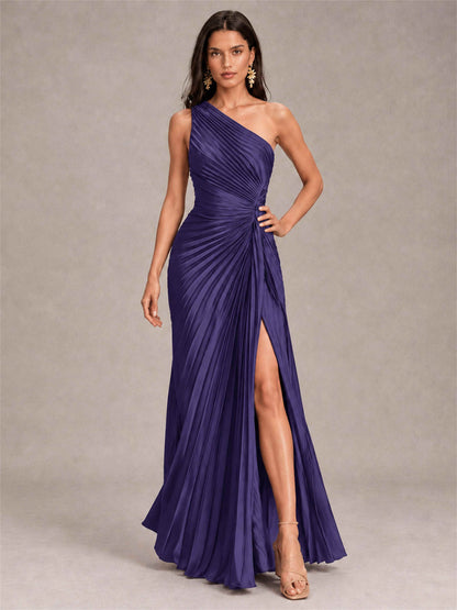 One Shoulder Ruched Chiffon Mermaid Pleated Wedding Guest Dress with Split Side