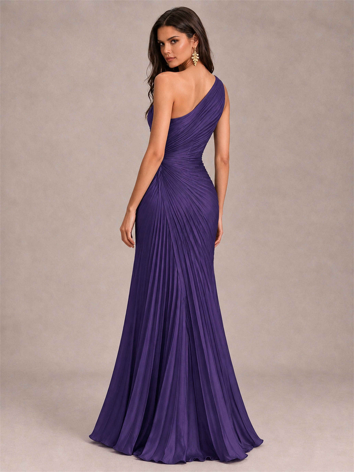 One Shoulder Ruched Chiffon Mermaid Pleated Wedding Guest Dress with Split Side