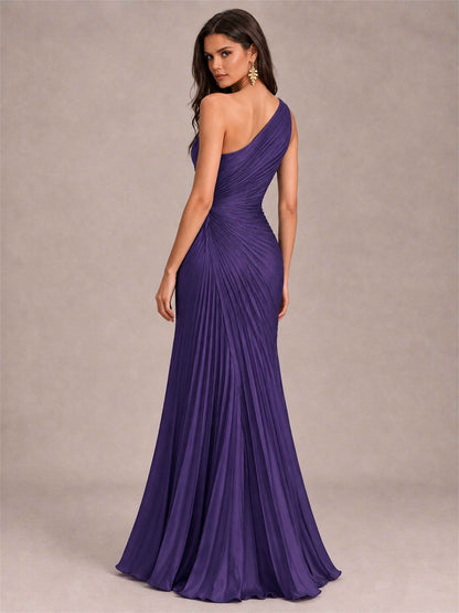 One Shoulder Ruched Chiffon Mermaid Pleated Wedding Guest Dress with Split Side