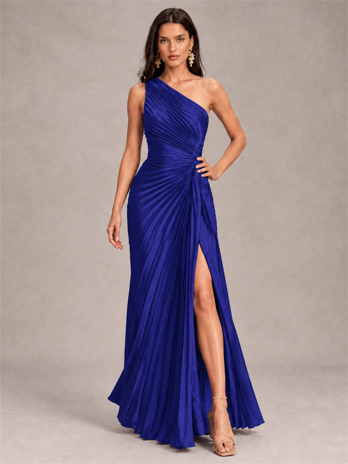One Shoulder Ruched Chiffon Mermaid Pleated Wedding Guest Dress with Split Side