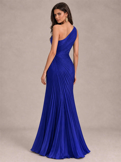 One Shoulder Ruched Chiffon Mermaid Pleated Wedding Guest Dress with Split Side