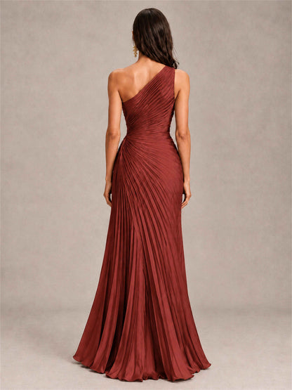 One Shoulder Ruched Chiffon Mermaid Pleated Wedding Guest Dress with Split Side