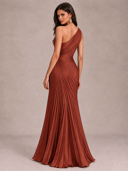 One Shoulder Ruched Chiffon Mermaid Pleated Wedding Guest Dress with Split Side