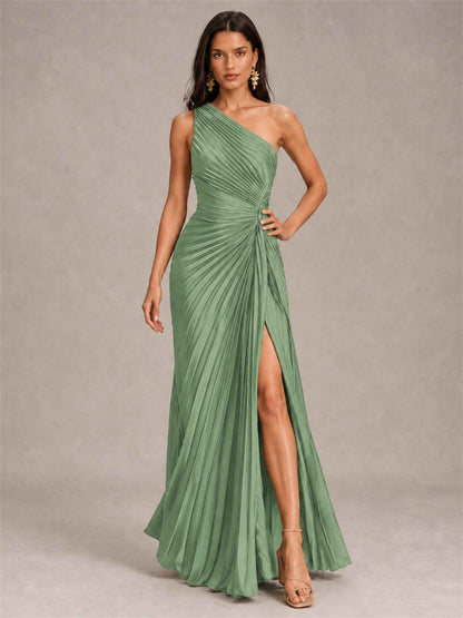One Shoulder Ruched Chiffon Mermaid Pleated Wedding Guest Dress with Split Side