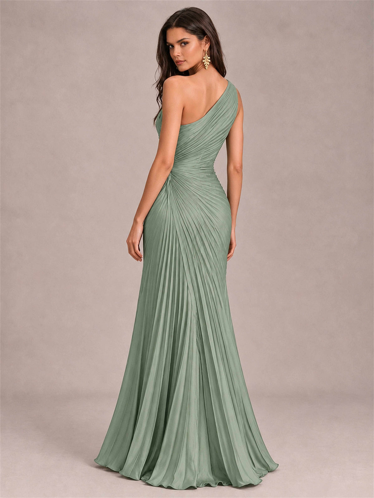 One Shoulder Ruched Chiffon Mermaid Pleated Wedding Guest Dress with Split Side